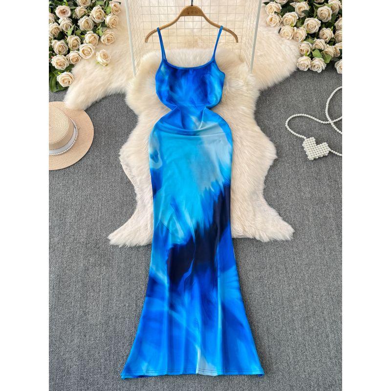 American New Arrival Fashion Abstract Printing Slip Dress Sexy Elegance Tube Top Cinched Waist Slim Looking Vacation Dress Tide