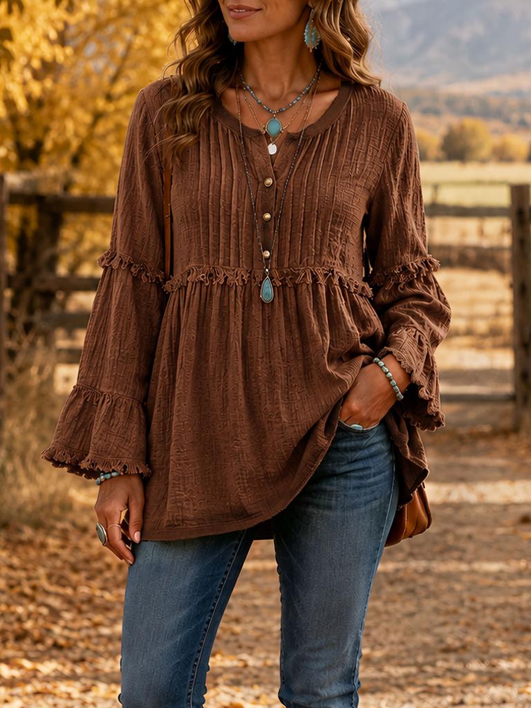 Women V Neck Ruffle Sleeve Blouse Casual Loose Fit Frill Tunic Top
