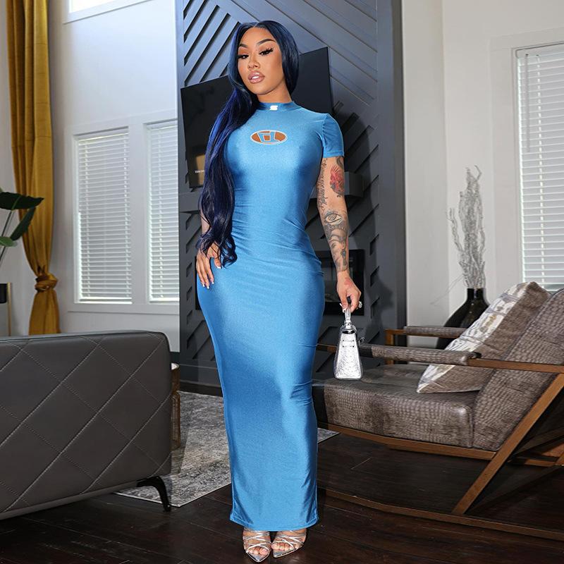 

Платье с короткими рукавами и высокой горловиной D-образным принтом, облегающее платье с запахом ягодиц, сексуальная однотонная модная длинная юбка