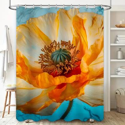 Wasserdichter Mohn Duschvorhang Lebhafter Blumendruck Badezimmerdeko für Heimdekoration Blau Gelb Floral Duschvorhänge in