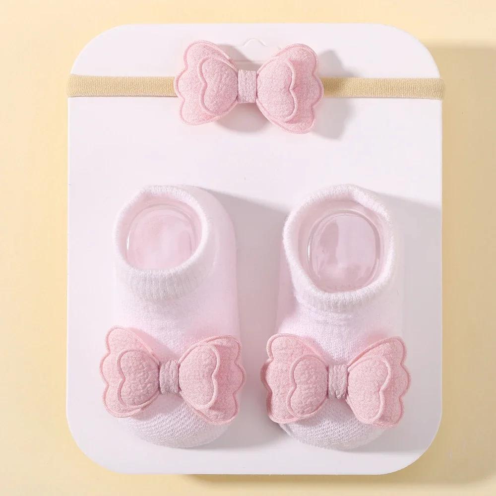 0-1Y Babe Soft Socks Headband Sets Solid Cotton Girls Breathable Socks Cute Bows for Infant Little Girl Clothing Accessories