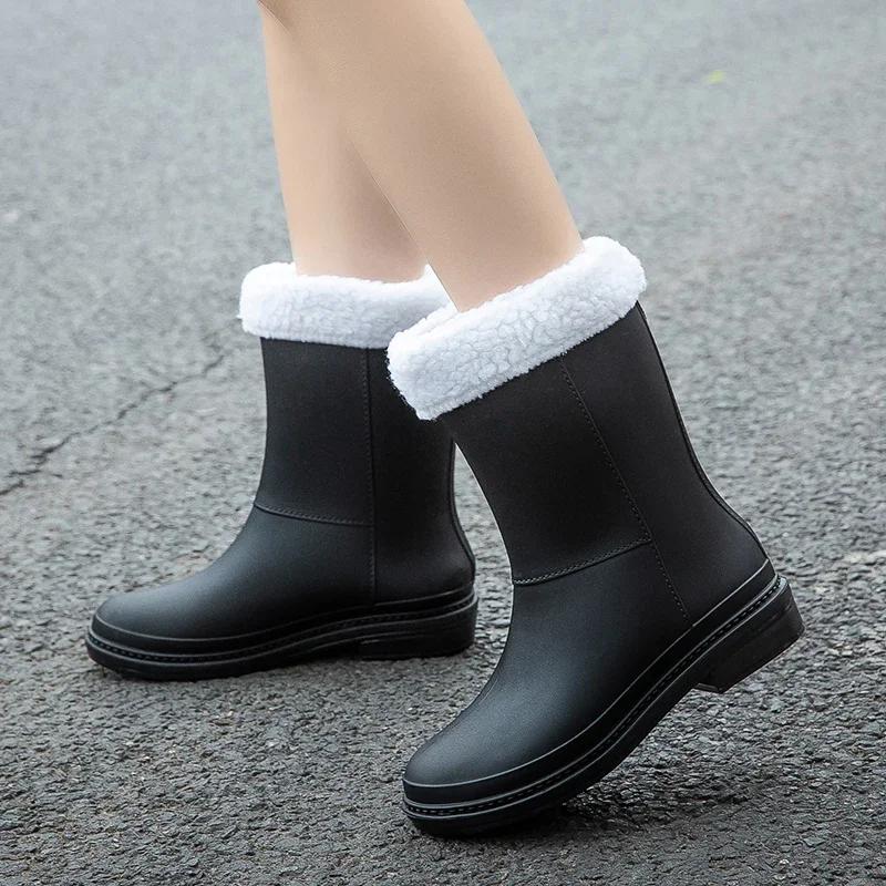 Women's Mid-Calf Rain Boots 2025 New Rubber Shoes Winter Rain Boots Cotton-Padded Warm-Keeping Waterproof Women's Non-Slip Shoes