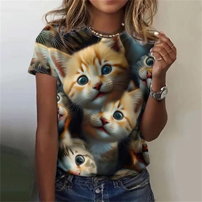 Maglietta da donna alla moda, con stampa 3D, motivo a gatto kawaii, a maniche corte, girocollo, estiva, casual, da strada, semplice