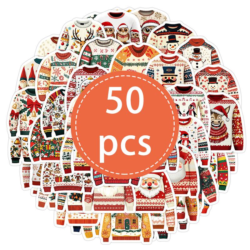 

50PCS Christmas Sweater Shaped Stickers Christmas Ugly Sweater Scene Sticker Cute Funny Wintertime Pullover Sweater Vinyl Decal