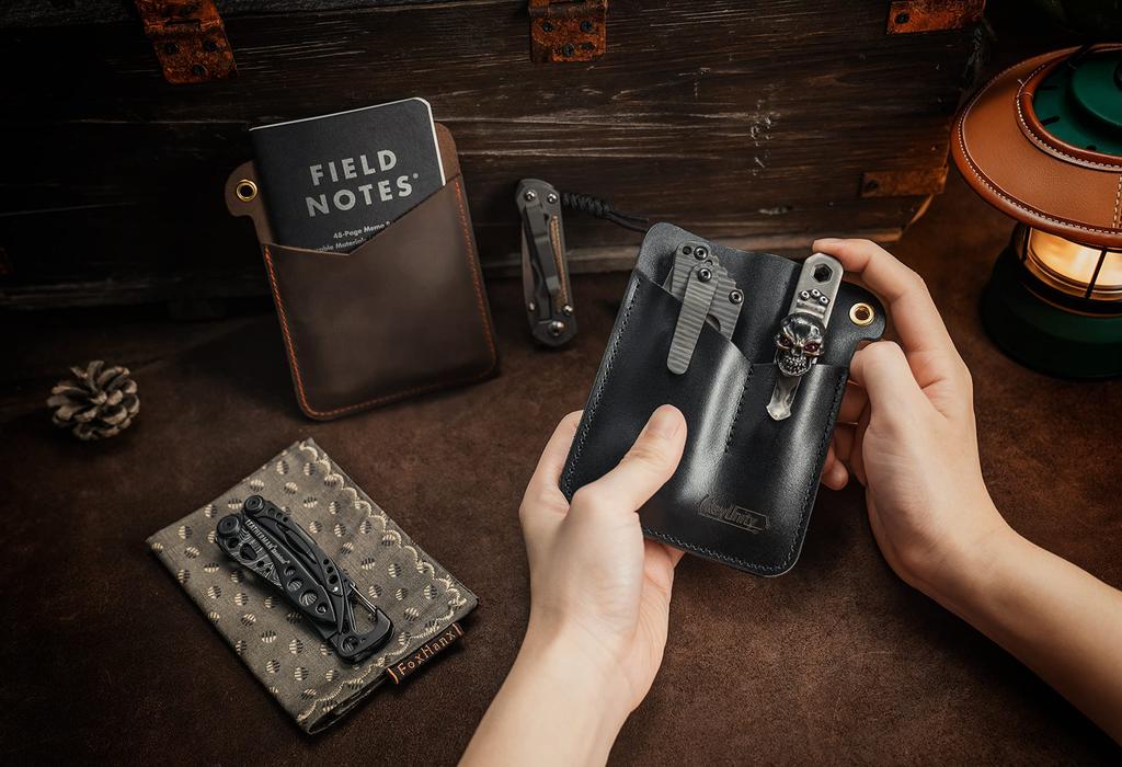 KeyUnity KL01 EDC Leather Small EDC Pocket Organizer for EDC Tool Durable Genuine EDC Sleeve for Outdoor Black Knives Pocket, Pouch, Men, 3-Pouch Bag,