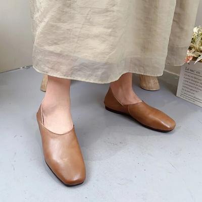 Genuine Leather Shallow Flat Shoes Round Toe Soft Sole Loafers Casual Solid Color Women's Slip-on Shoes