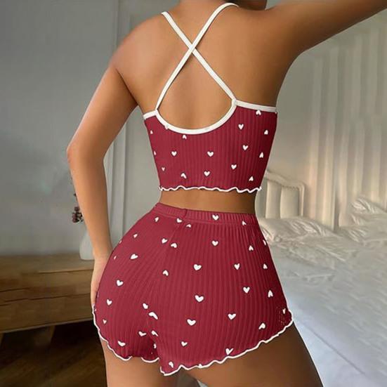2 Pcs/Set Women Vest Shorts Suit Bow Heart Print Sleeveless Shirring Top High Waist Short Trousers Homewear Loungewear Outfit Summer Sleepwear