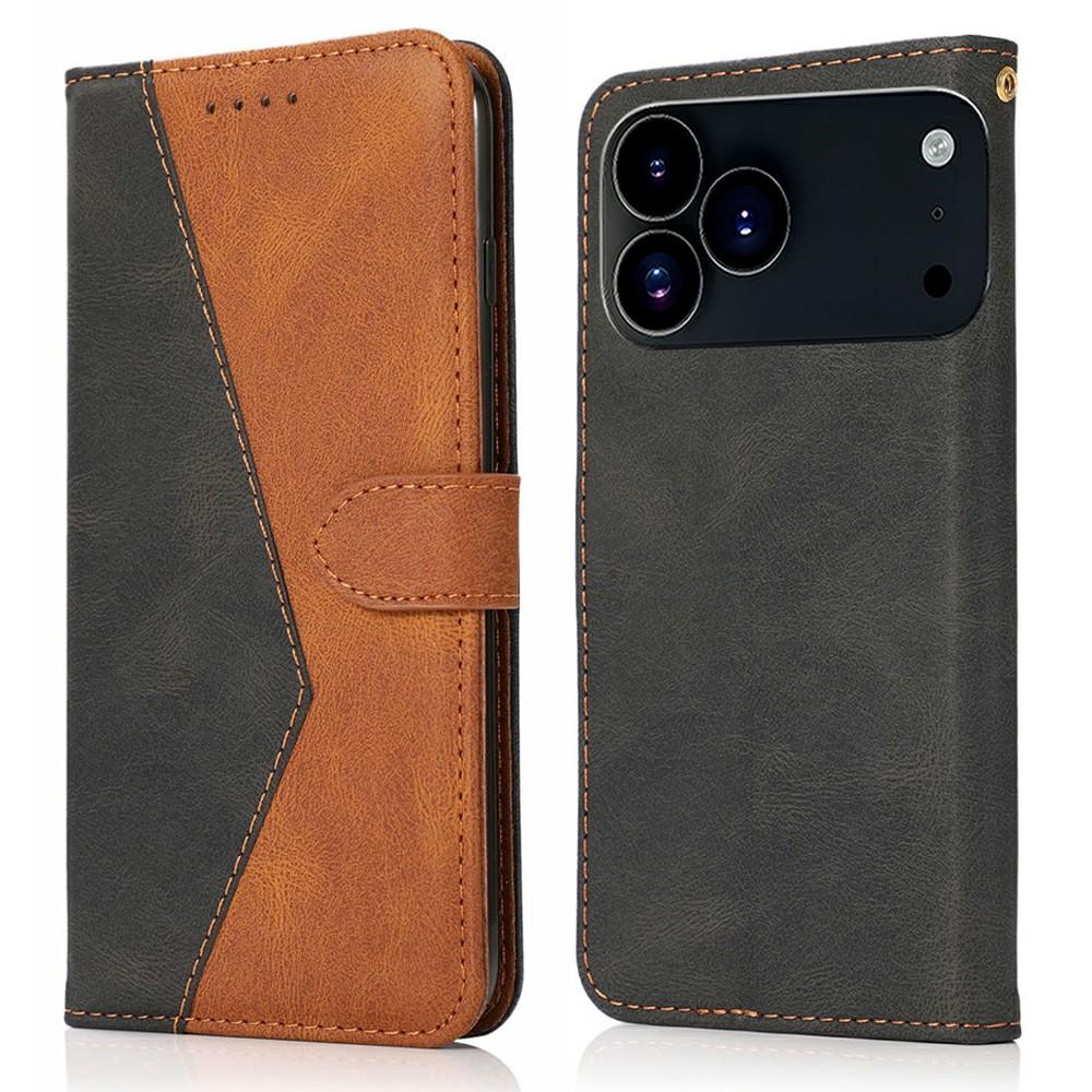 

For iPhone 17 Pro Case Color Splicing Wallet Stand Leather Phone Cover with Wrist Strap Black/Brown