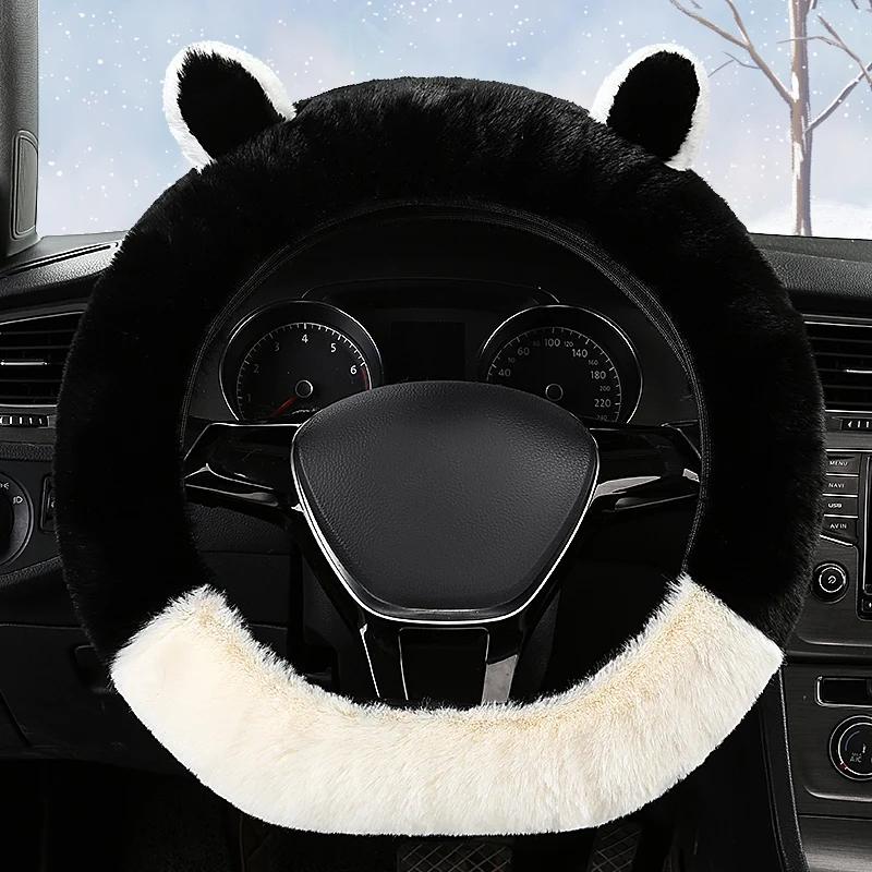 Two-color Rabbit Elastic Car Steering Wheel Cover for Women's Winter Mini Cute Plush Non-slip Advanced Steering Wheel Cover
