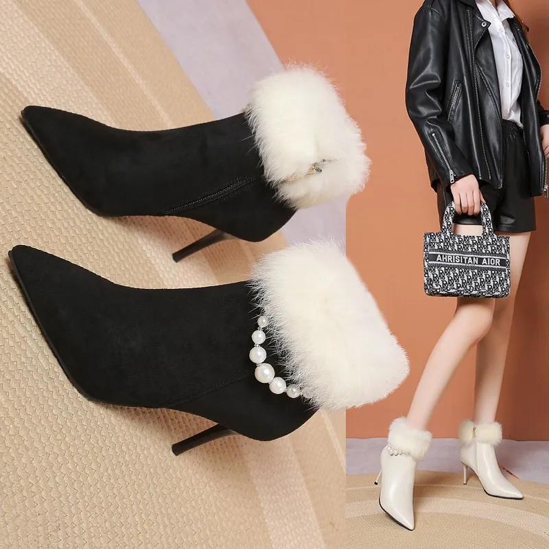 Fashion Women's Boots Autumn Winter New Style Fashion String Bead Pointed High Heel Short Tube Women's Shoes  Women Boots