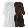 V-neck Patchwork Lace Hollow Out Long Sleeve Waist-Cinching Dress for Women