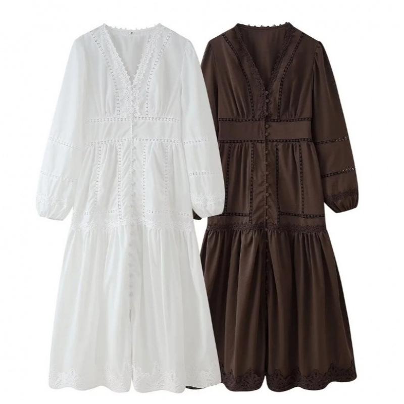V-neck Patchwork Lace Hollow Out Long Sleeve Waist-Cinching Dress for Women