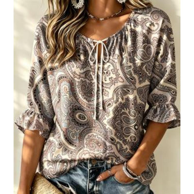 Women's Vintage Burgundy Rose Tie Neck Blouse Ruffle 3/4 Sleeve Relaxed Fit Daily Office Dating Shirt