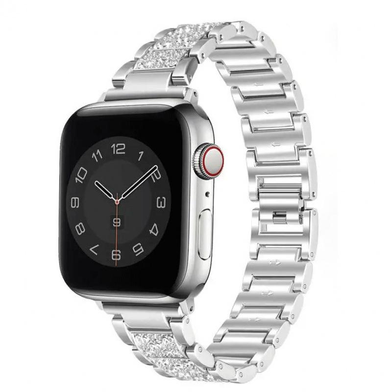 Compatible with Apple Watch 7/8/9: Luxury Full Diamond Metal Band with Three-Bead Design.