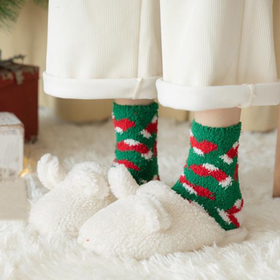 Yousheng 1 Pair Christmas Socks Snowmen Reindeer Santa Claus Bell Pattern Mid-tube Socks Coral Fleece Warm Thermal Socks