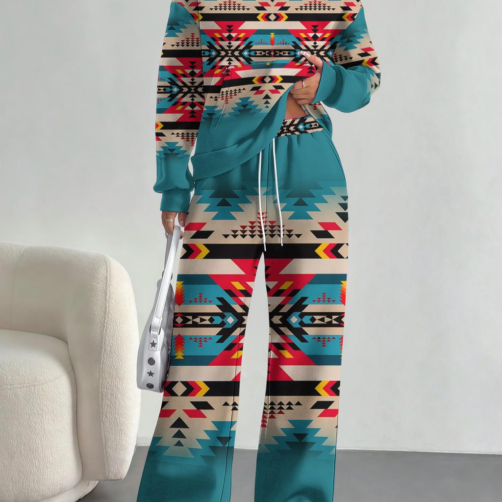 European And American Autumn And Winter Casual Long-Sleeved Retro Pattern Set Women'S Hooded Sweater Trousers Two-Piece Set