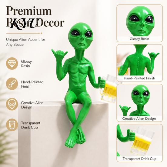 Decorative Alien Figures for E-sports Room Fuunny Statue, Green with Beer Glass Figurine, Home Office Desktop Ornament Bar Pub Game Shelf Workstation