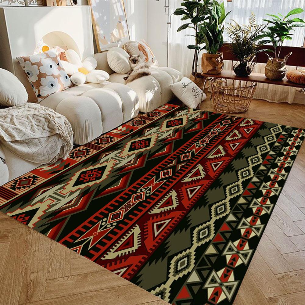 Bohemian Floral Area Rug Rich Color Ethnic Flower Checked Border Non-slip Floor Rug Rustic Bedroom Entryway Decor
