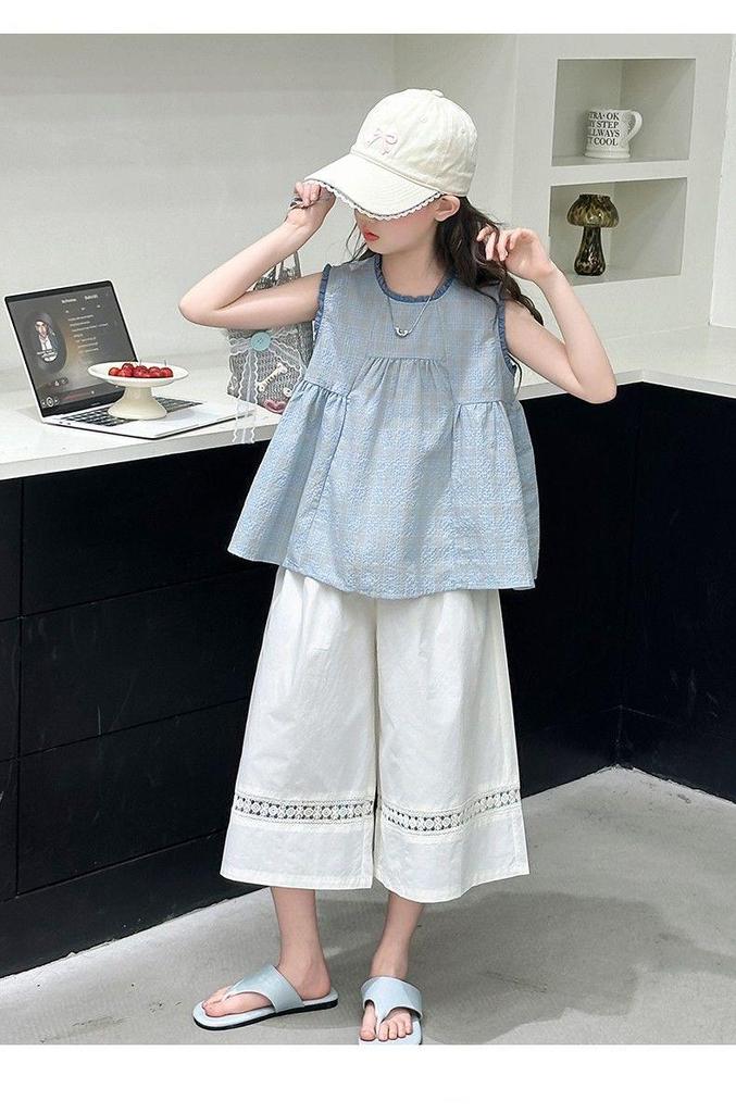 Korean-Style Lace Sleeveless Top & Pants Set - Summer 2026 Girls' Fashion Two-Piece Outfit
