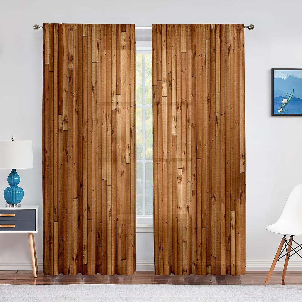 Farmhouse Style Western Brown Primitive Wood Tulle Curtains for Living Room Chiffon Sheer Voile Kitchen Bedroom Window Curtain