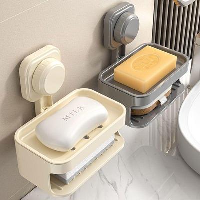 Strong Wall-Mounted Double-Layer Soap Dish with Suction Cup for Punch-Free Draining and Storage.