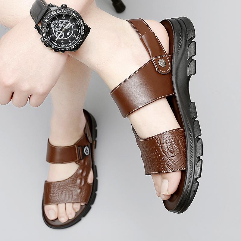 Genuine Leather Men Sandals Black Brown Summer Outdoor Antiskid Casual Sandals Cowhide Beach Shoes Two Uses Men Sandals Slippers