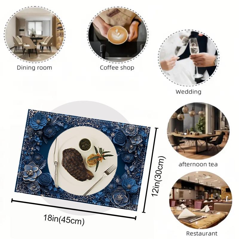 2/4pcs Blue Floral Placemat, 12X18 Inch Polyester Rectangular Table Mat, Machine Washable Woven Dining Decoration for Home Kitchen, Restaurant,