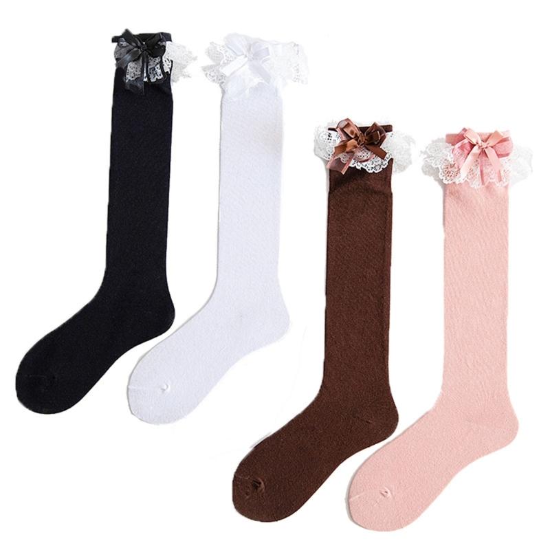 Women Japanese Style JK Ruffle Lace Trim Calf Long Socks Sweet Bowknot Princess Cotton Knee High Socks Stockings Hosiery