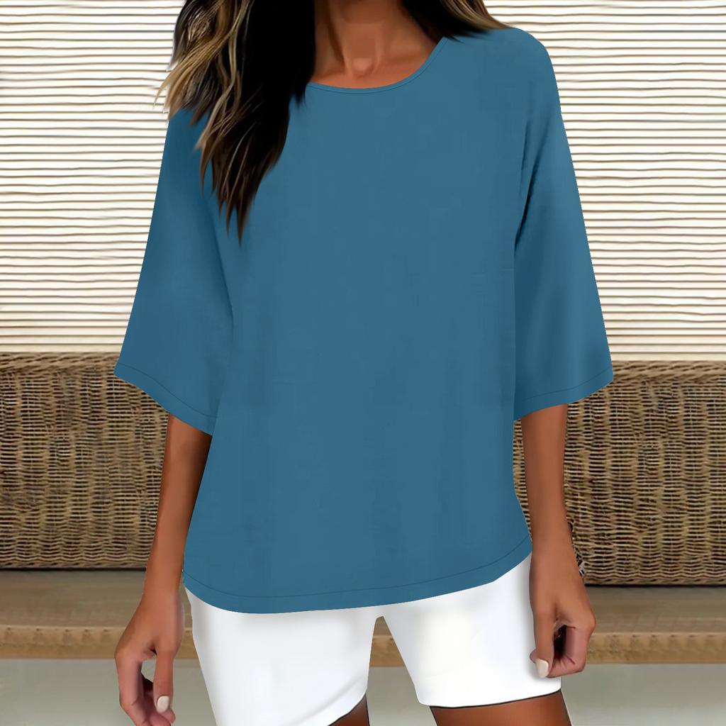 Women's Fashion Solid Color Casual T-Shirt Seven Sleeve Round Neck Cotton Top