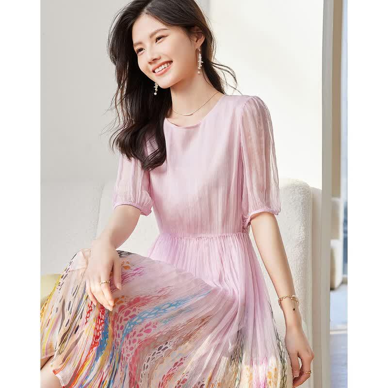 Demana Elegant 100% Mulberry Silk Printed Midi Dress