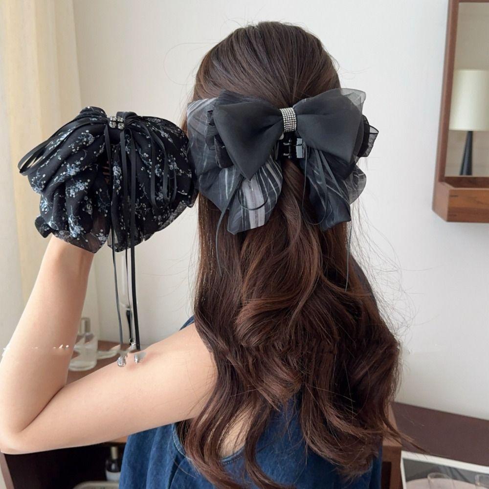 Grab Clip Chiffon Bowknot Hair Clip Polka Dot Flower Hairpin Fashion Bow Ribbon Hair Claw  Women