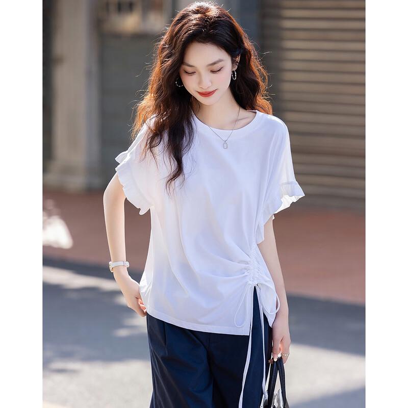 Women's Asymmetric Drawstring Pleated Cotton Spandex T-shirt