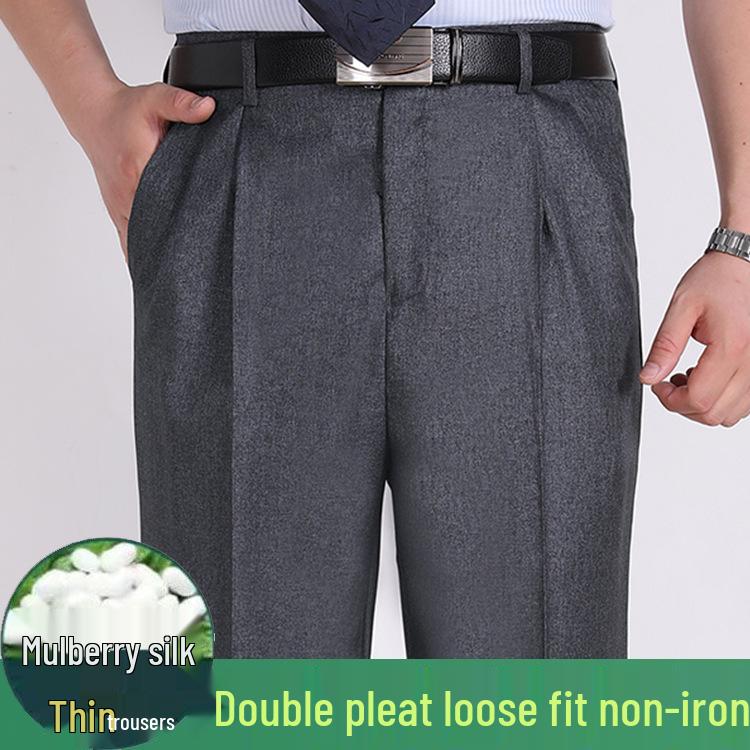 Men's Summer Mulberry Silk Dress Pants: Double Pleated, Loose Fit, Straight Leg, High Waist, Deep Crotch.