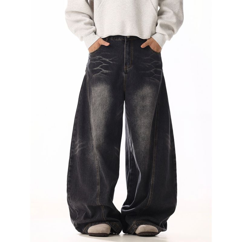 American Vintage Cat Whisker Design Black Curved Knife Jeans Men and Women Ruffle Handsome Distressed High Street Loose Casual Wide-Leg Pants