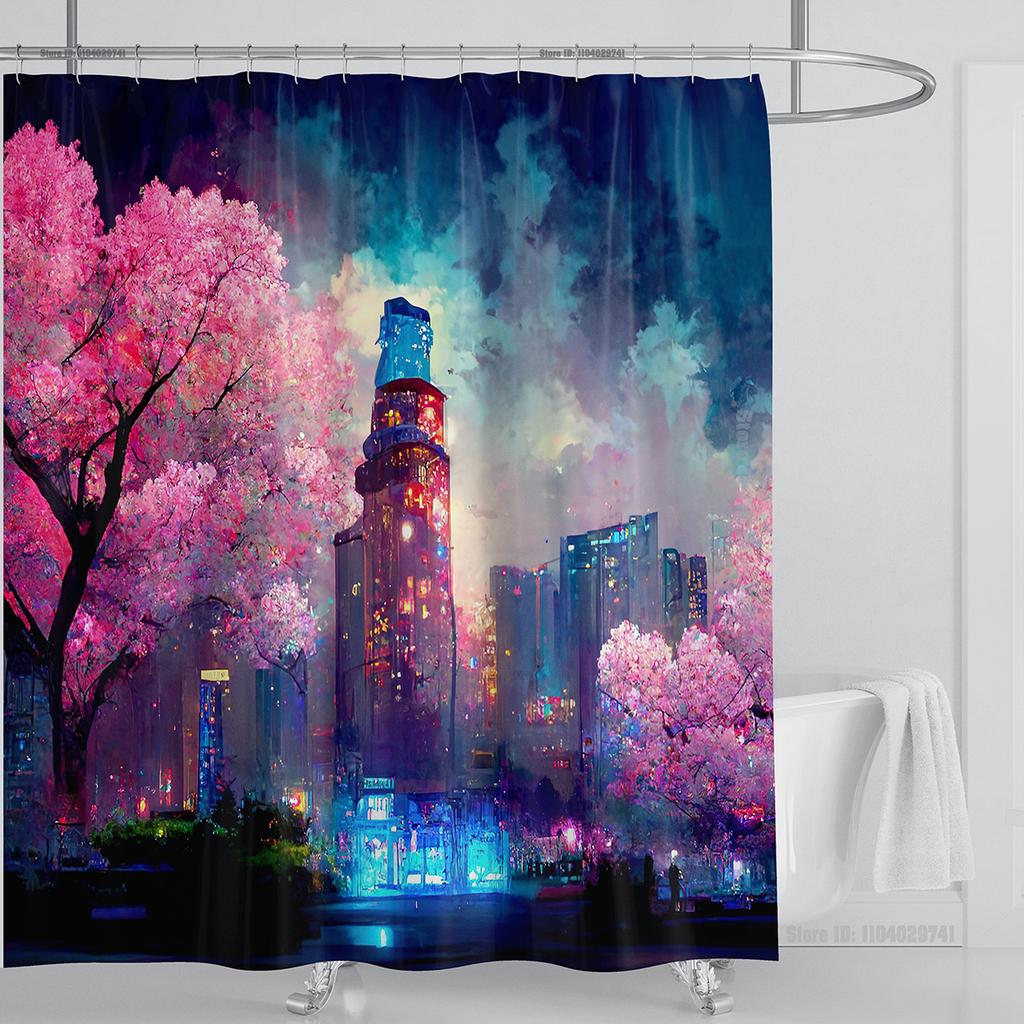 Illustration Japanese Chinese Style Art Print Polyester Washable Waterproof Shower Curtain Bathroom Decoration Bathtub With Hook