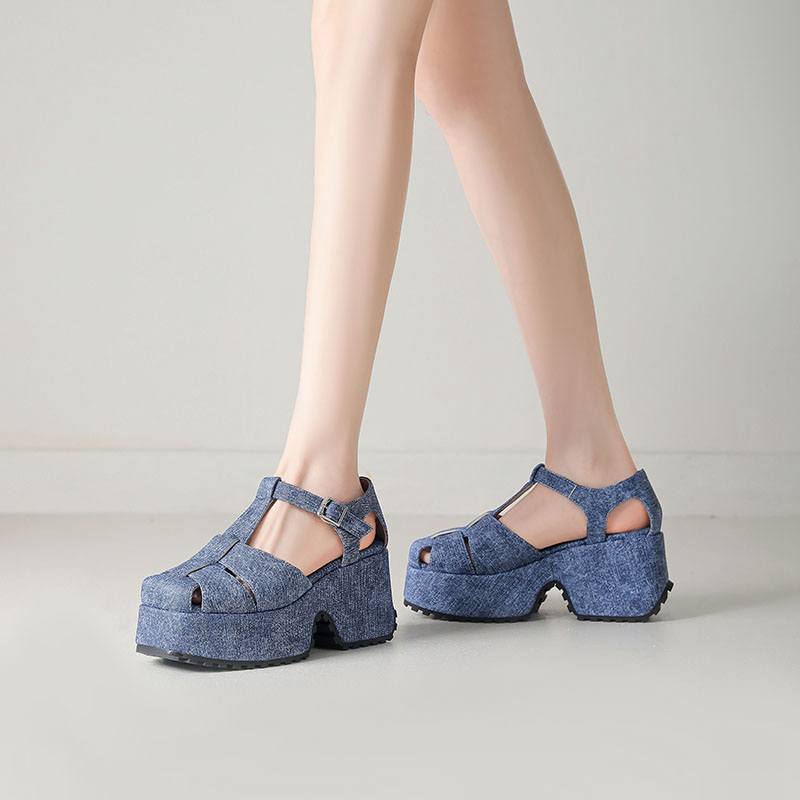 Krazing Pot Polyurethane Spring Summer Size 43 Size 42 Women Platform Women Square Toe Buckle Thick Bottom Pumps