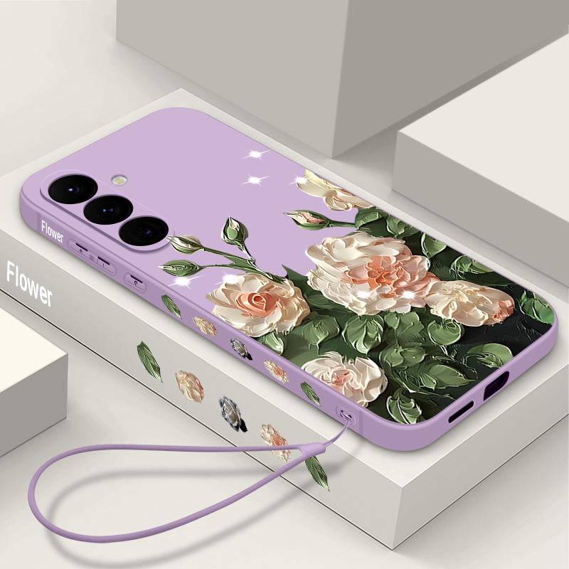 Rose Flower Paintings TPU Case For Samsung Galaxy S24 S25 FE S26 S25 S23 S22 Ultra A17 A56 A16 A55 A25 A15 A36 A54 5G Lanyard Soft Cover