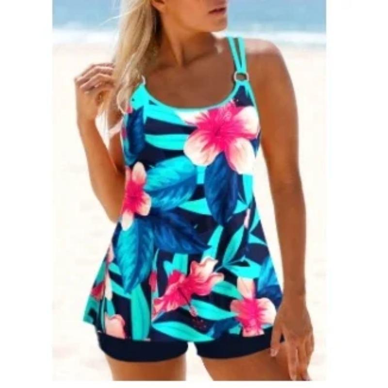 Women's Summer Fashion Beachwear Swimwear White Petunia Print Tankini Swimsuit Two Piece Bikini Set Swimwear S-6XL