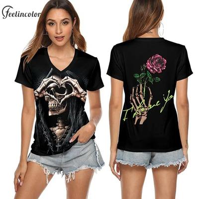 Women T-Shirt V Neck 3D Printing Tops Halloween Gothic Tee Holiday Short Sleeved Streetwear Spring Summer Outfit Female Clothing
