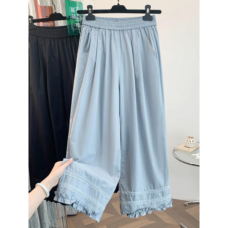 Real shot spring and summer new elastic waist lace hollowed out fungus edge wide leg pants loose straight nine-point pants women's clothing