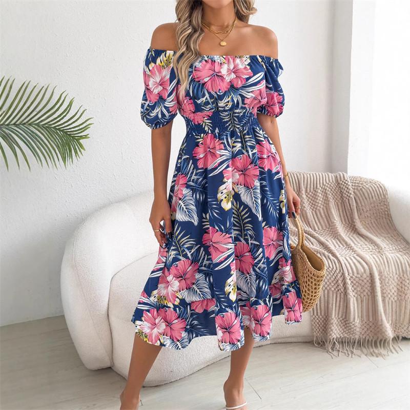 Off-the-shoulder Floral Print Vacation Beach Dress Women Ruffled Spring Summer Short-sleeved