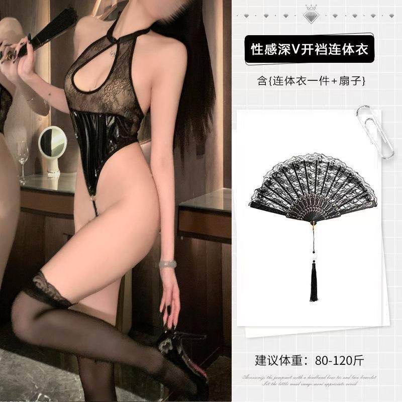 Sexy Dessous, dreiteiliger heißer Einteiler, frei von Versuchung, Uniform Lackleder Hals Mesh leicht transparent weiblich A