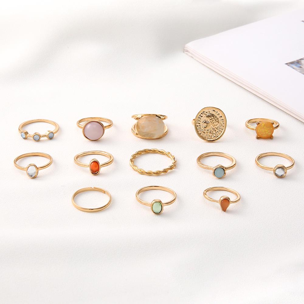 Inlaid Diamond Baroque Vintage Stackable Ring Set: 13-Piece Jelly Color Creative Style Rings for Women