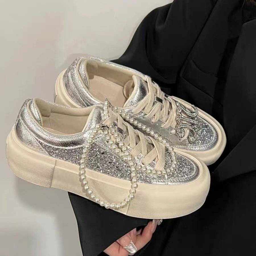 Rhinestone Casual Single Shoes Women's 2025 New Thick-soled Flash Diamonds Old Dirty Shoes Casual Sports Shoes Children's Shoes Versatile