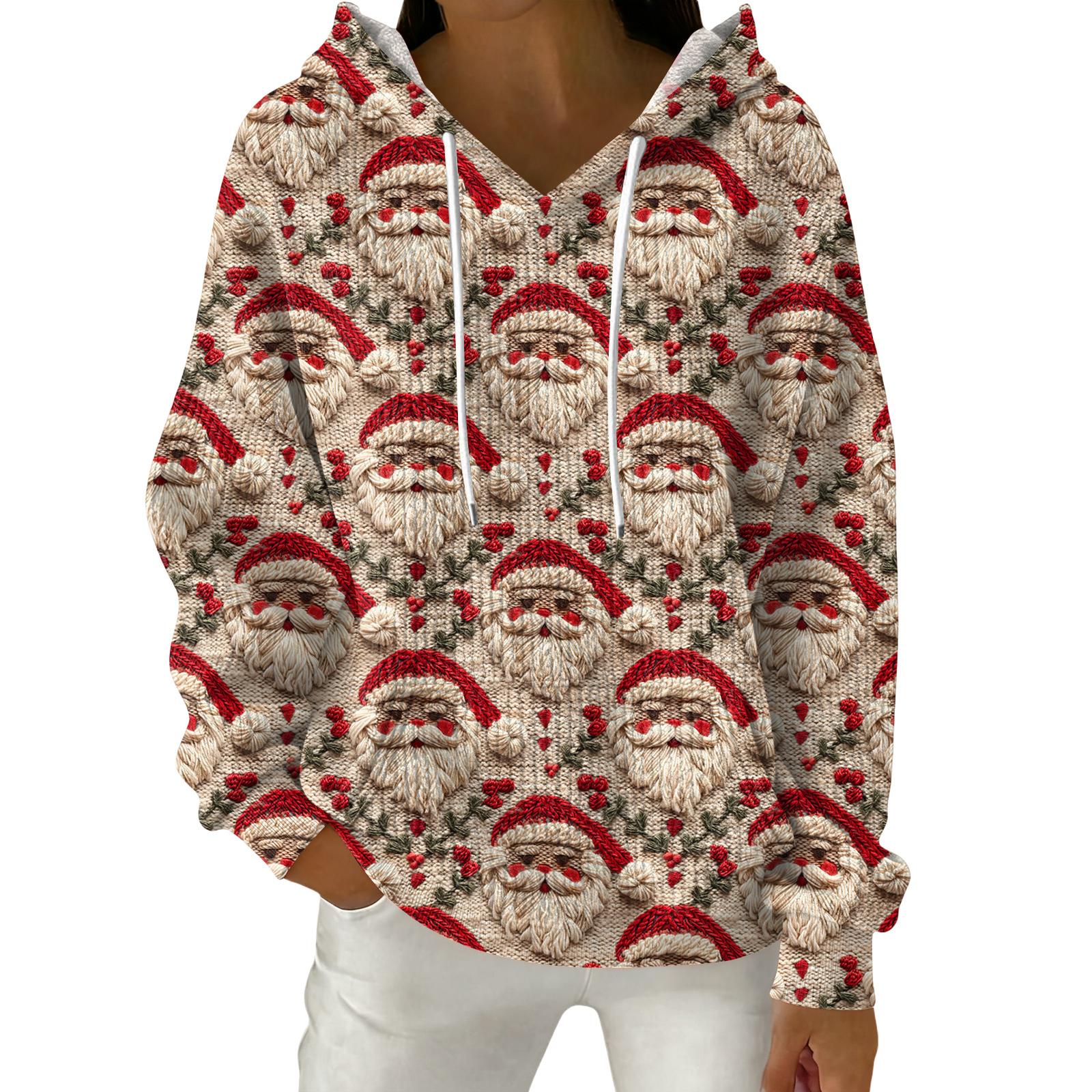 

Women s Fashion Casual Christmas Print Pullover Long-Sleeve Hooded Sweatshirt L