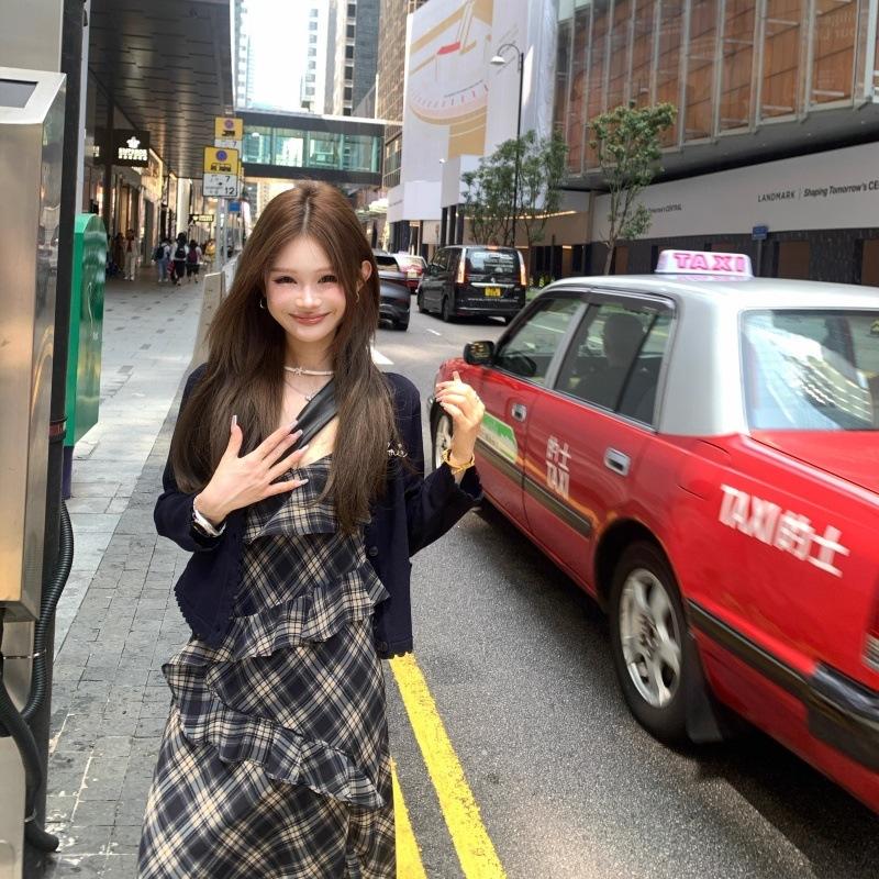 [] French Retro Plaid Suspender Women's Summer New Design Sense Niche Waist Temperament Long Skirt