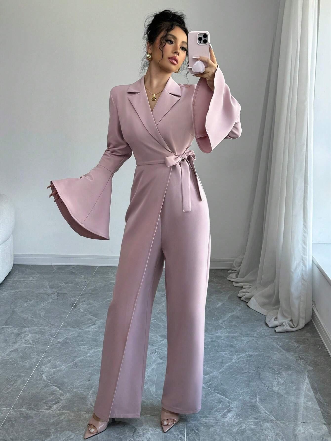 

2025 Spring/Autumn Women s Elegant Solid Color Long Flare Sleeve Wide-Leg Jumpsuit L светло-фиолетовый