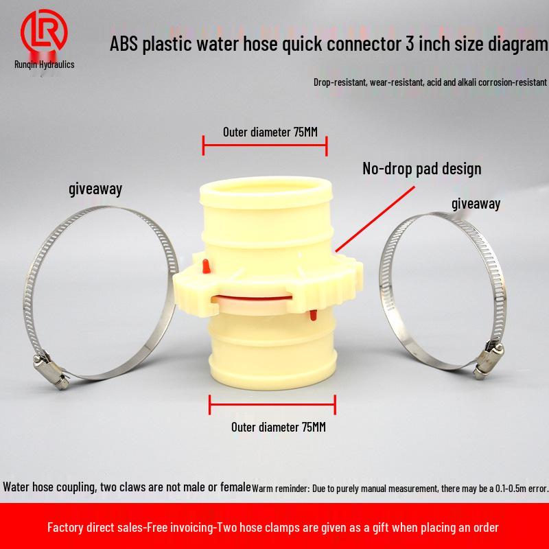 Durable ABS Plastic Quick-Connect Water Hose Connector, Corrosion & Drop Resistant, Available in Sizes: 1, 2, 3, 4 Inch.