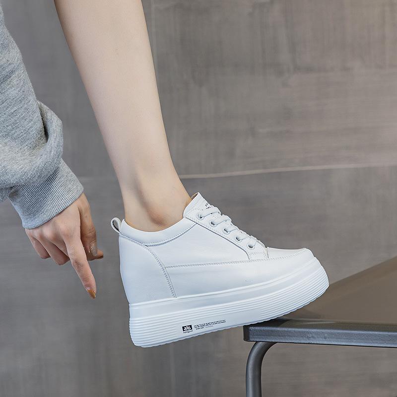 Small size casual women's shoes 10CM height increase small white shoes 2025 autumn muffin thick-soled leather single shoes small board shoes