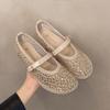 Mesh rhinestone breathable one-word buckle flat-bottomed Mary Jane shoes women's shallow mouth single shoes summer new niche ballet shoes